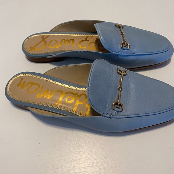 Sam Edelman Blue Leather Horse Bit Mule Shoes - Picture 3 of 5